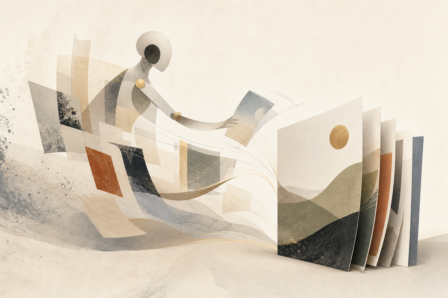 Abstract artwork of source fragments becoming finished publication pages
